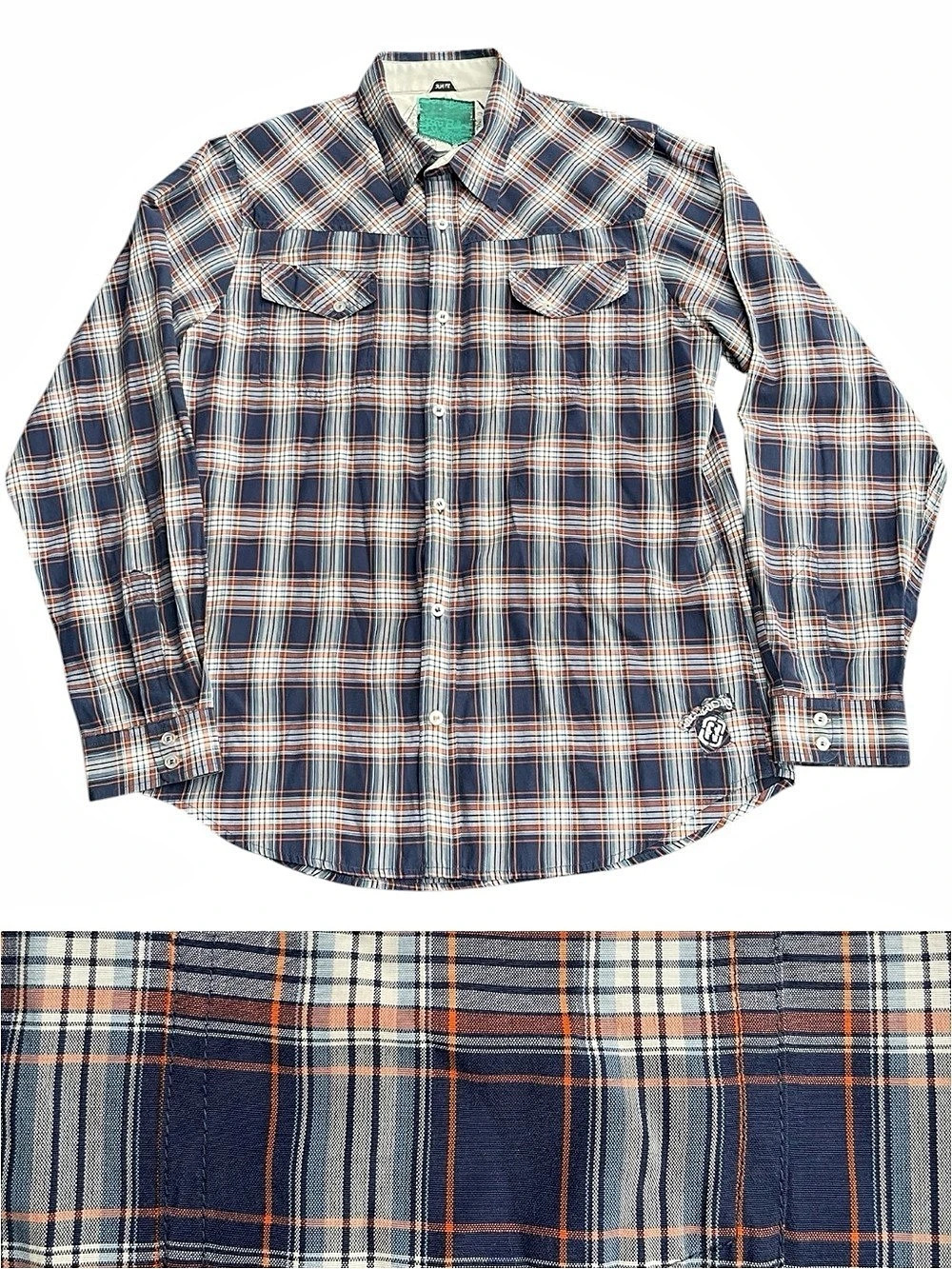 Billabong Navy/Peach/White Plaid Cotton Blend Button-Up Slim Fit Shirt (XL)